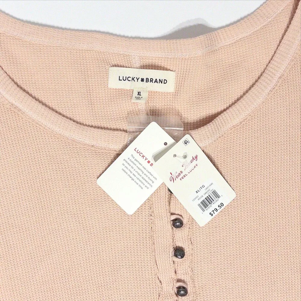 NWT Lucky Brand Pink Mixed Media Thermal Cable Knit Henley Top Women Size XL
